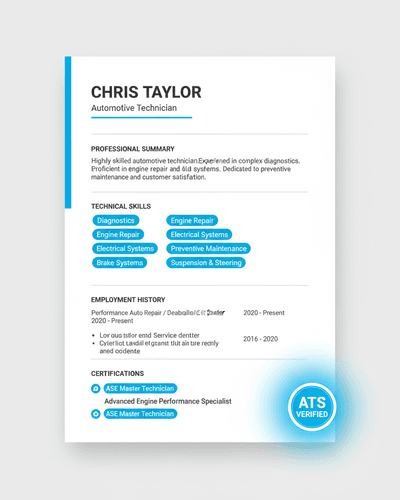 Mechanic Specialist resume template preview for Automotive
