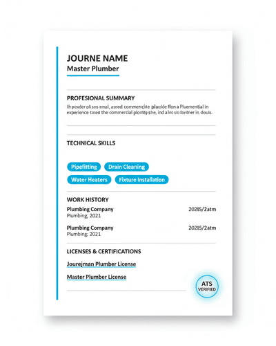 Plumber Master resume template preview for Plumbing